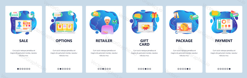 Onboarding for web site and mobile app. Menu banner vector template for website and application development. Sale, Options, Retailer, Gift card, Package, Payment walkthrough screens.