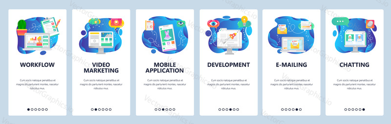 Onboarding for web site and mobile app. Menu banner vector template for website and application development. Workflow, Video marketing, Mobile app, Development, E-mailing, Chatting walkthrough screens