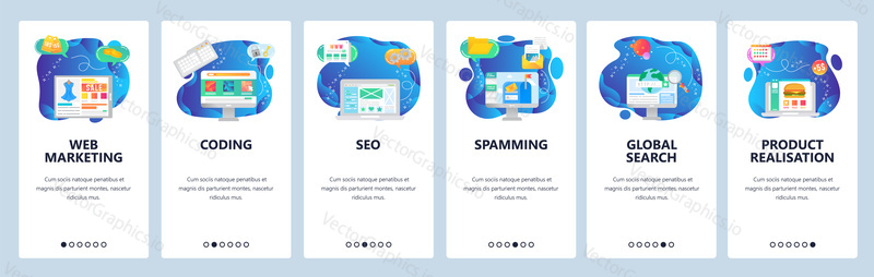 Onboarding for web site and mobile app. Menu banner vector template for website and application development. Web marketing, Coding SEO, Spamming, Global search, Product realization walkthrough screens