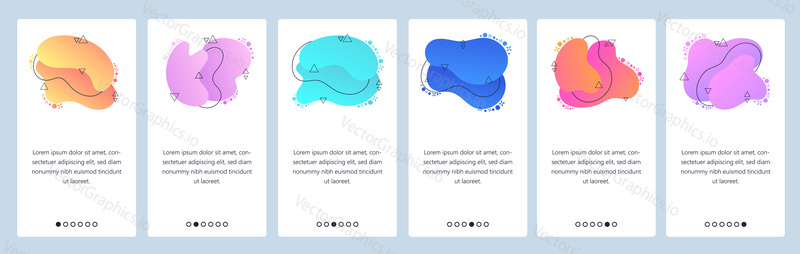 Website and mobile app onboarding screens. Menu banner vector template for web site and application development with trendy pink, blue, violet and other color gradient dynamic liquid abstract shapes