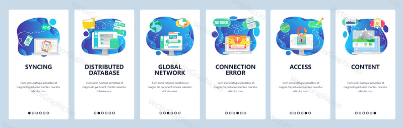 Onboarding for web site and mobile app. Menu banner vector template for website and application development. Syncing, Distributed database, Global network, Connection error, Access, Content screens.