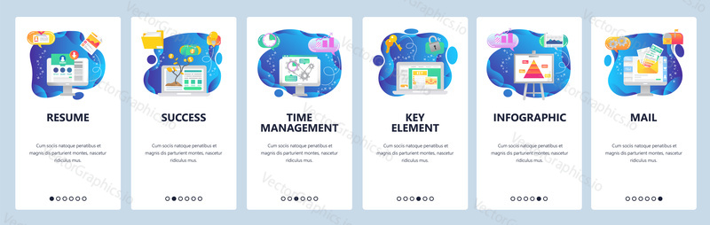 Onboarding for web site and mobile app. Menu banner vector template for website and application development. Resume, Success, Time management, Key element, Infographic, Mail walkthrough screens.