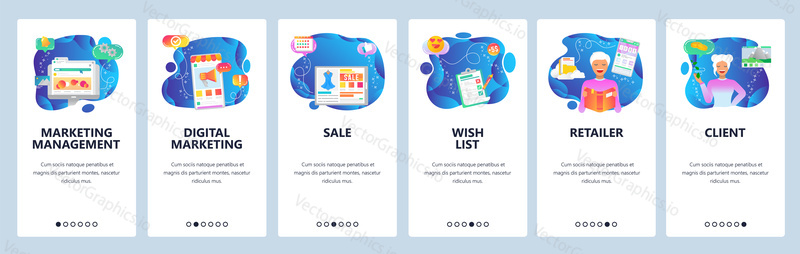 Onboarding for web site and mobile app. Menu banner vector template for website and application development. Marketing management, Digital marketing, Sale, Wish list, Retailer, Client screens.