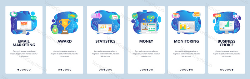 Onboarding for web site and mobile app. Menu banner vector template for website and application development. Email marketing, Award, Statistics, Money, Monitoring, Business choice walkthrough screens.