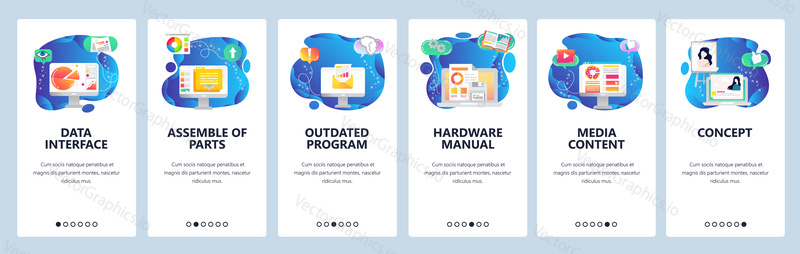 Onboarding for web site and mobile app. Menu banner vector template for website and application development. Data interface, Assemble of parts, Outdated program, Hardware manual and other screens.