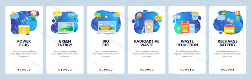 Onboarding for web site and mobile app. Menu banner vector template for website and application development. Power plug, Green energy, Bio fuel, Radioactive waste, Waste reduction and other screens.