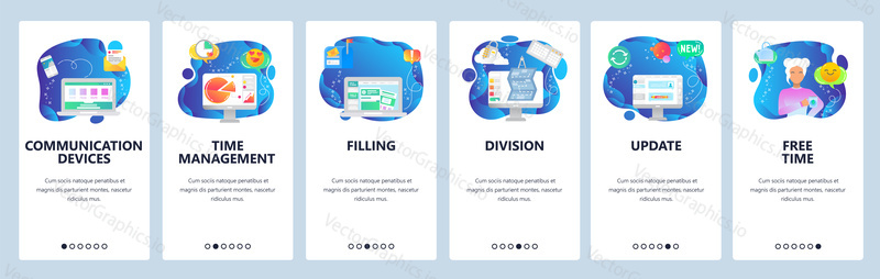Onboarding for web site and mobile app. Menu banner vector template for website and application development. Communication devices, Time management, Filling, Division, Update, Free time screens.