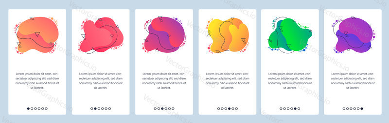 Website and mobile app onboarding screens. Menu banner vector template for web site and application development with trendy purple, yellow, green, other color gradient dynamic liquid abstract shapes