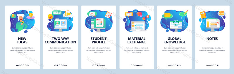 Onboarding for web site and mobile app. Menu banner vector template for website and application development. New ideas, Two way communication, Student profile, Material exchange and other screens.