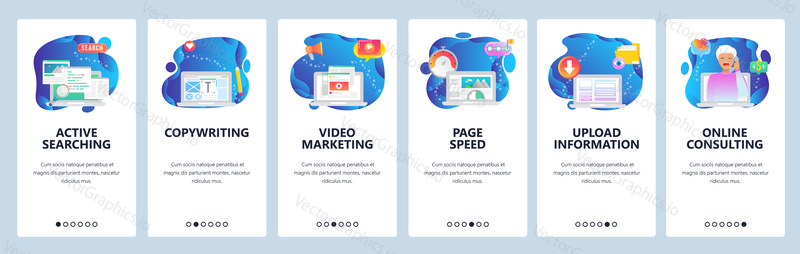 Onboarding for web site and mobile app. Menu banner vector template for website and application development. Active searching, Copywriting, Video marketing, Page speed, other walkthrough screens.