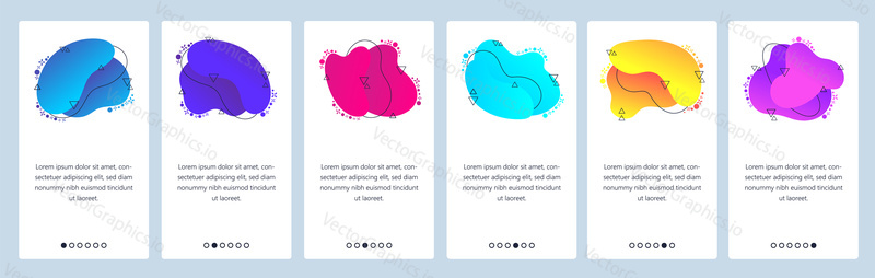 Website and mobile app onboarding screens. Menu banner vector template for web site and application development with trendy pink, navy, blue and other color gradient dynamic liquid abstract shapes