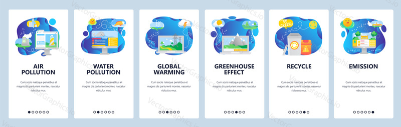 Onboarding for web site and mobile app. Menu banner vector template for website and application development. Air and water pollution, Global warming, Greenhouse effect, Recycle, Emission screens.