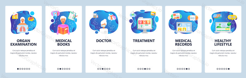 Onboarding for web site and mobile app. Menu banner vector template for website and application development. Organ examination, Medical books and records, Doctor, Treatment, Healthy lifestyle screens.