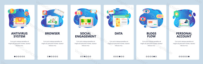 Onboarding for web site and mobile app. Menu banner vector template for website and application development. Antivirus system, Browser, Social engagement, Data, Blogs flow, Personal account screens.