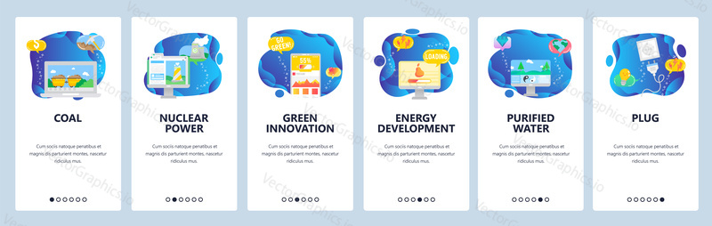 Onboarding for web site and mobile app. Menu banner vector template for website and application development. Coal, Nuclear power, Green innovation, Energy development, Purified water, Plug screens.