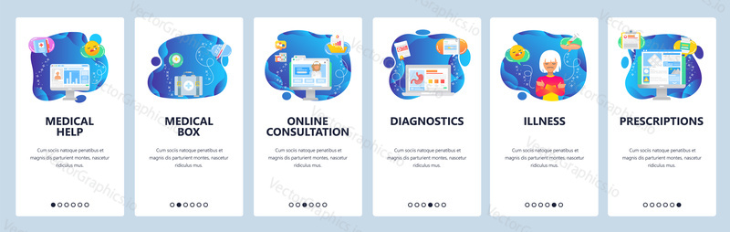 Onboarding for web site and mobile app. Menu banner vector template for website and application development. Medical help and box, Online consultation, Diagnostics, Illness, Prescriptions screens.