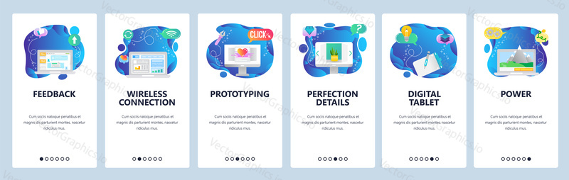 Onboarding for web site and mobile app. Menu banner vector template for website and application development. Feedback, Wireless connection, Prototyping, Reflection details Digital tablet Power screens