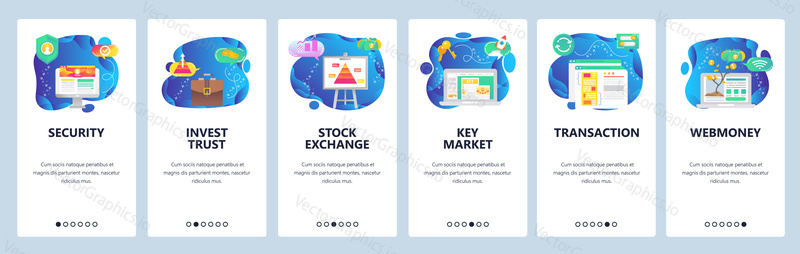 Onboarding for web site and mobile app. Menu banner vector template for website and application development. Security, Invest trust, Stock exchange, Key market, Transaction, Webmoney screens.
