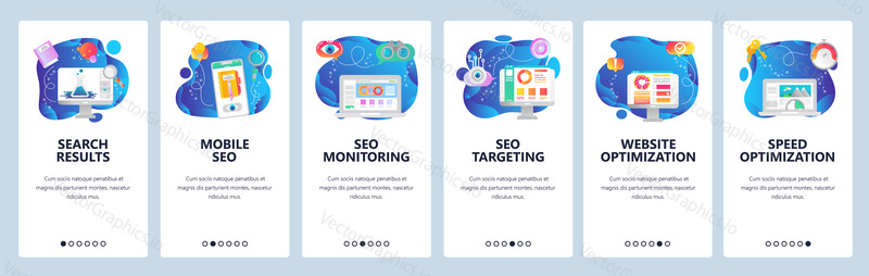 Onboarding for web site and mobile app. Menu banner vector template for website and application development. Search results, Mobile SEO, SEO monitoring, targeting, Website, speed optimization screens.