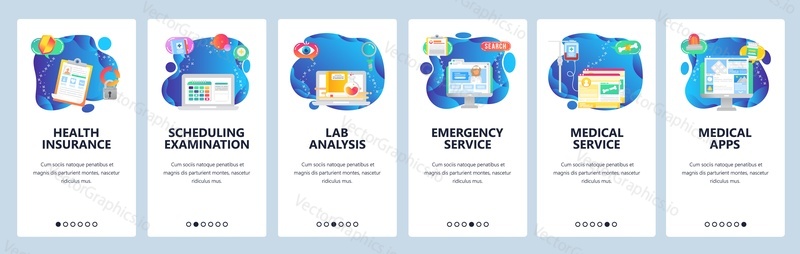 Onboarding for web site and mobile app. Menu banner vector template for website and application development. Health insurance, Scheduling examination, Lab analysis, Emergency services, other screens.