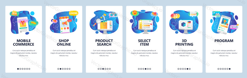 Onboarding for web site and mobile app. Menu banner vector template for website and application development. Mobile commerce, Shop online, Product search, Select item, 3d printing, Program screens.
