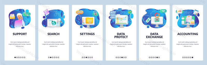 Onboarding for web site and mobile app. Menu banner vector template for website and application development. Support, Search, Settings, Data protect, Data exchange, Accounting walkthrough screens.