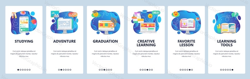 Onboarding for web site and mobile app. Menu banner vector template for website and application development. Studying, Adventure, Graduation, Creative learning, Favorite lesson, Learning tools screens