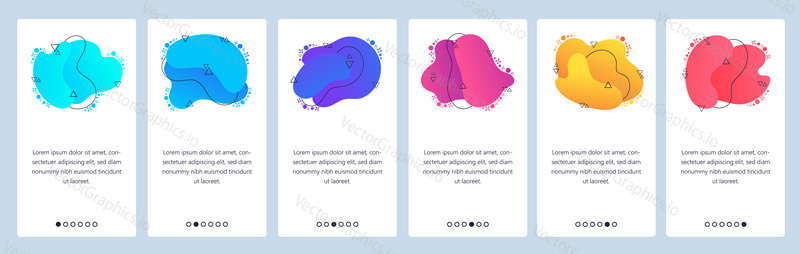 Website and mobile app onboarding screens. Menu banner vector template for web site and application development with trendy pink, blue, yellow and other color gradient dynamic liquid abstract shapes