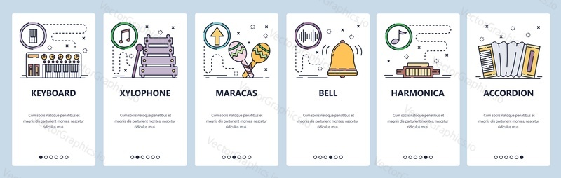 Mobile app onboarding screens. Musical instruments, keyboard, xylophone, maracas, harmonica, accordion. Menu vector banner template for website and mobile development. Web site design flat illustration.