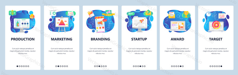 Onboarding for web site and mobile app. Menu banner vector template for website and application development. Production, Marketing, Branding, Startup, Award, Target walkthrough screens.