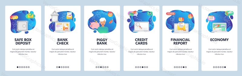 Onboarding for web site and mobile app. Menu banner vector template for website and application development. Safe box deposit, Bank check, Piggy bank, Credit cards, Financial report, Economy screens.