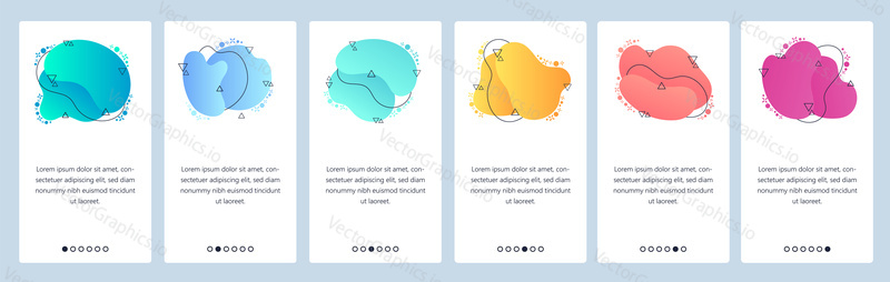 Website and mobile app onboarding screens. Menu banner vector template for web site and application development with trendy blue, violet, yellow and other color gradient dynamic liquid abstract shapes