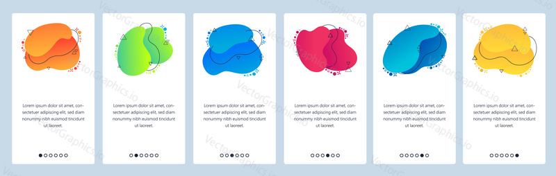 Website and mobile app onboarding screens. Menu banner vector template for web site and application development with trendy blue, yellow, orange and other color gradient dynamic liquid abstract shapes