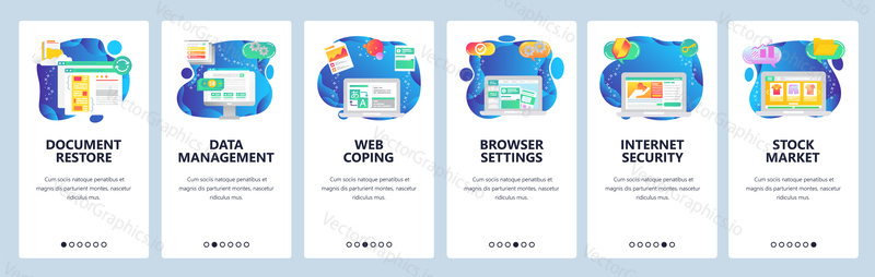 Onboarding for web site and mobile app. Menu banner vector template for website and application development. Document restore, Data management, Web coping, Browser settings and other screens.