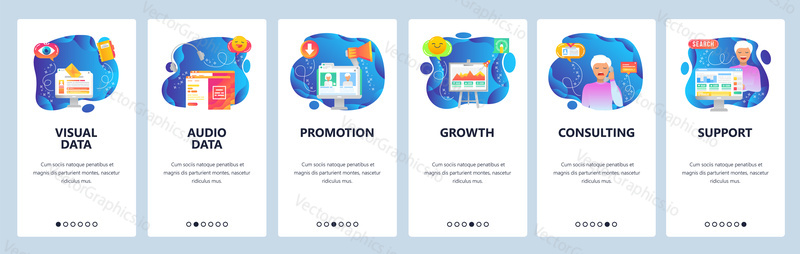 Onboarding for web site and mobile app. Menu banner vector template for website and application development. Visual and audio data, Promotion, Growth, Consulting, Support walkthrough screens.