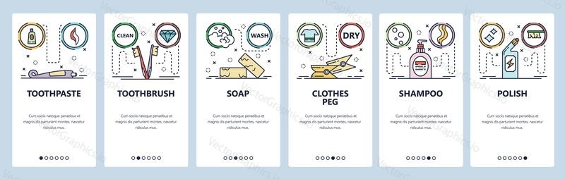 Mobile app onboarding screens. Bathroom accessories, soap, shampoo, toothpaste. Menu vector banner template for website and mobile development. Web site design flat illustration.