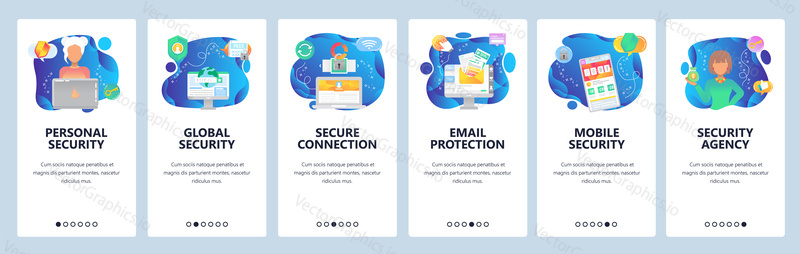 Onboarding for web site and mobile app. Menu banner vector template for website and application development. Personal, global, mobile security, Secure connection, E-mail protection and other screens.
