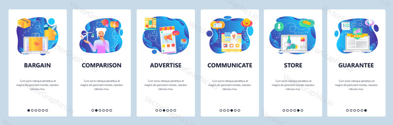 Onboarding for web site and mobile app. Menu banner vector template for website and application development. Bargain, Comparison, Advertise, Communicate, Store, Guarantee walkthrough screens.