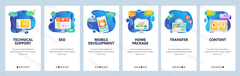 Onboarding for web site and mobile app. Menu banner vector template for website and application development. Technical support, SEO, Mobile development, Home package, Transfer, Content screens.