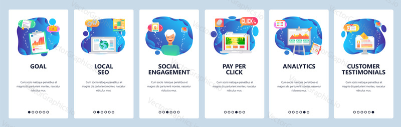 Onboarding for web site and mobile app. Menu banner vector template for website and application development. Goal, Local SEO, Social engagement, Pay per click, Analytics, Customer testimonials screens