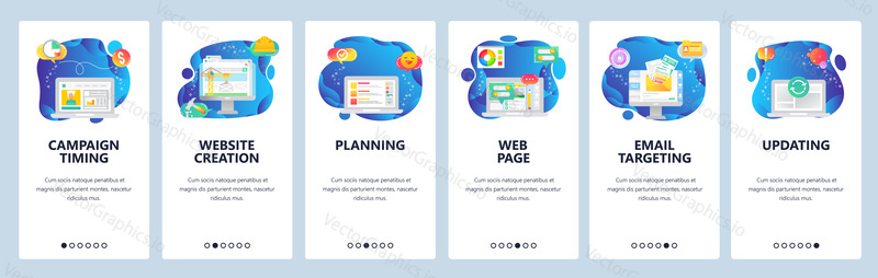 Onboarding for web site and mobile app. Menu banner vector template for website and application development. Campaign timing, Website creation, Planning, Web page, Email targeting, Updating screens.