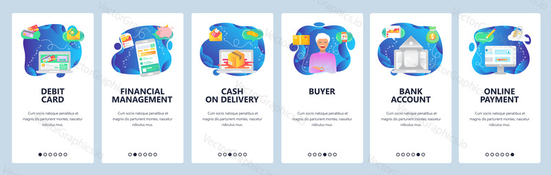 Onboarding for web site and mobile app. Menu banner vector template for website and application development. Debit card, Financial management, Cash on delivery, Buyer, Bank account and payment screens