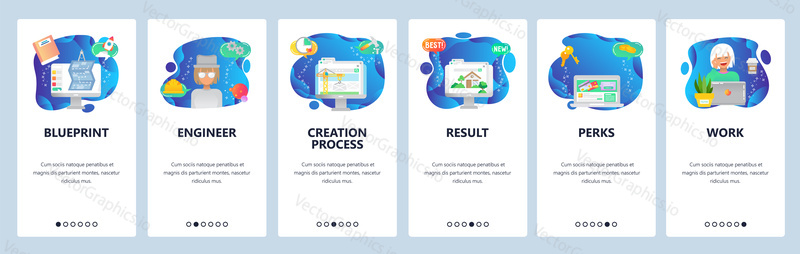 Onboarding for web site and mobile app. Menu banner vector template for website and application development. Blueprint, Engineer, Creation process, Result, Perks, Work walkthrough screens.
