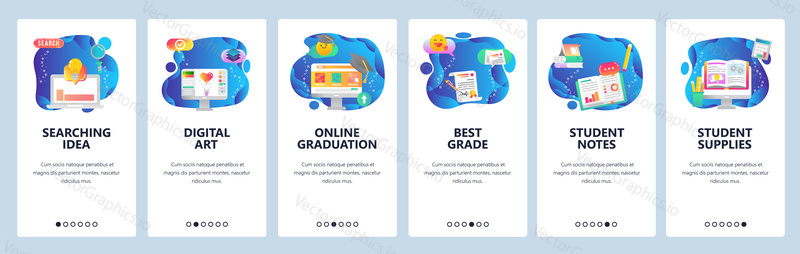 Onboarding for web site and mobile app. Menu banner vector template for website and application development. Searching idea, Digital art, Online graduation, Best grade, Student notes, supplies screens