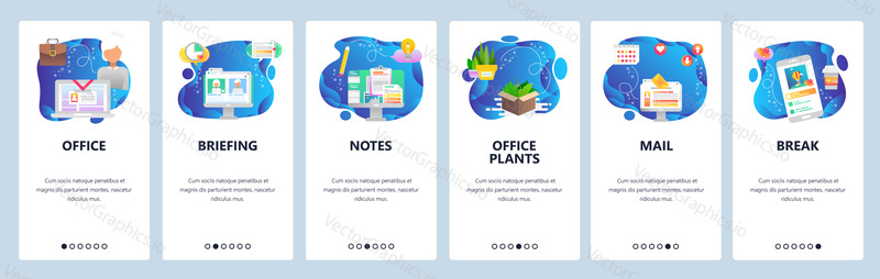Onboarding for web site and mobile app. Menu banner vector template for website and application development. Office, Briefing, Notes, Office plants, Mail, Break walkthrough screens.
