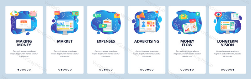 Onboarding for web site and mobile app. Menu banner vector template for website and application development. Making money, Market, Expenses, Advertising, Money flow, Longterm vision screens.
