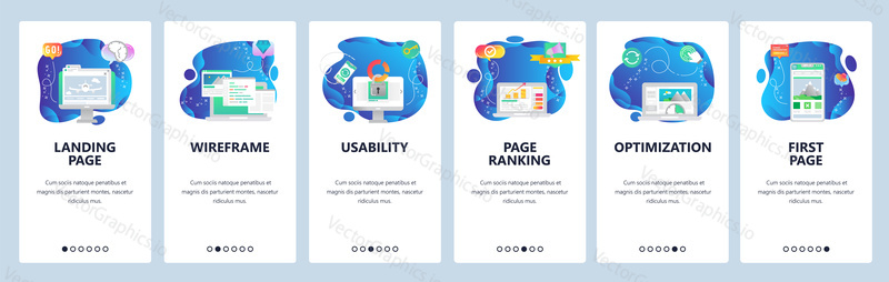 Onboarding for web site and mobile app. Menu banner vector template for website and application development. Landing page, Wireframe, Usability, Page ranking, Optimization, First page screens.