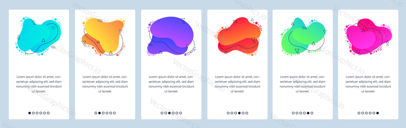 Website and mobile app onboarding screens. Menu banner vector template for web site and application development with trendy red, blue, yellow and other color gradient dynamic liquid abstract shapes