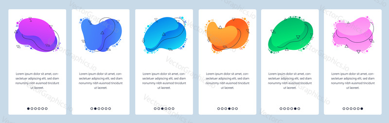 Website and mobile app onboarding screens. Menu banner vector template for web site and application development with trendy violet, blue, green and other color gradient dynamic liquid abstract shapes