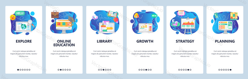 Onboarding for web site and mobile app. Menu banner vector template for website and application development. Explore, Online education, Library, Growth, Strategy, Planning walkthrough screens.